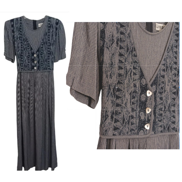 Vintage Maxi Blue Dress Tie Back Vest Crinkle Rayon MOTHER OF PEARL BUTTONS - Picture 15 of 15